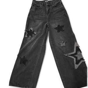 Hot Topic Black Frayed Star Patch Wide Leg Jeans Skater Grunge Size 5
